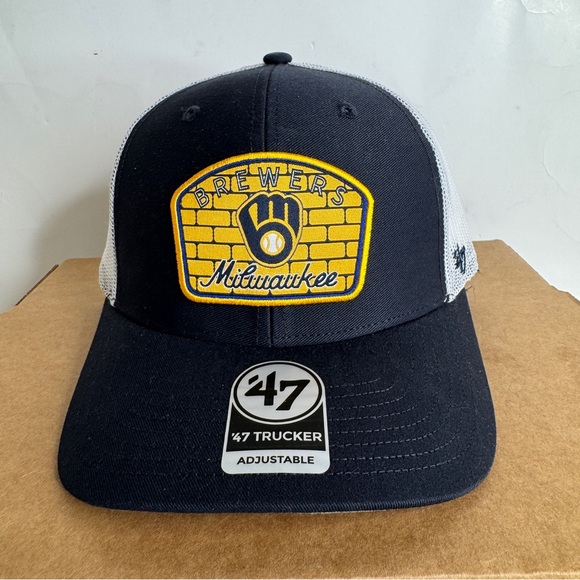 Milwaukee Brewers Hat ‘47 Brand Snapback Navy Pitch Mesh Back Trucker Cap NWT - Picture 1 of 7
